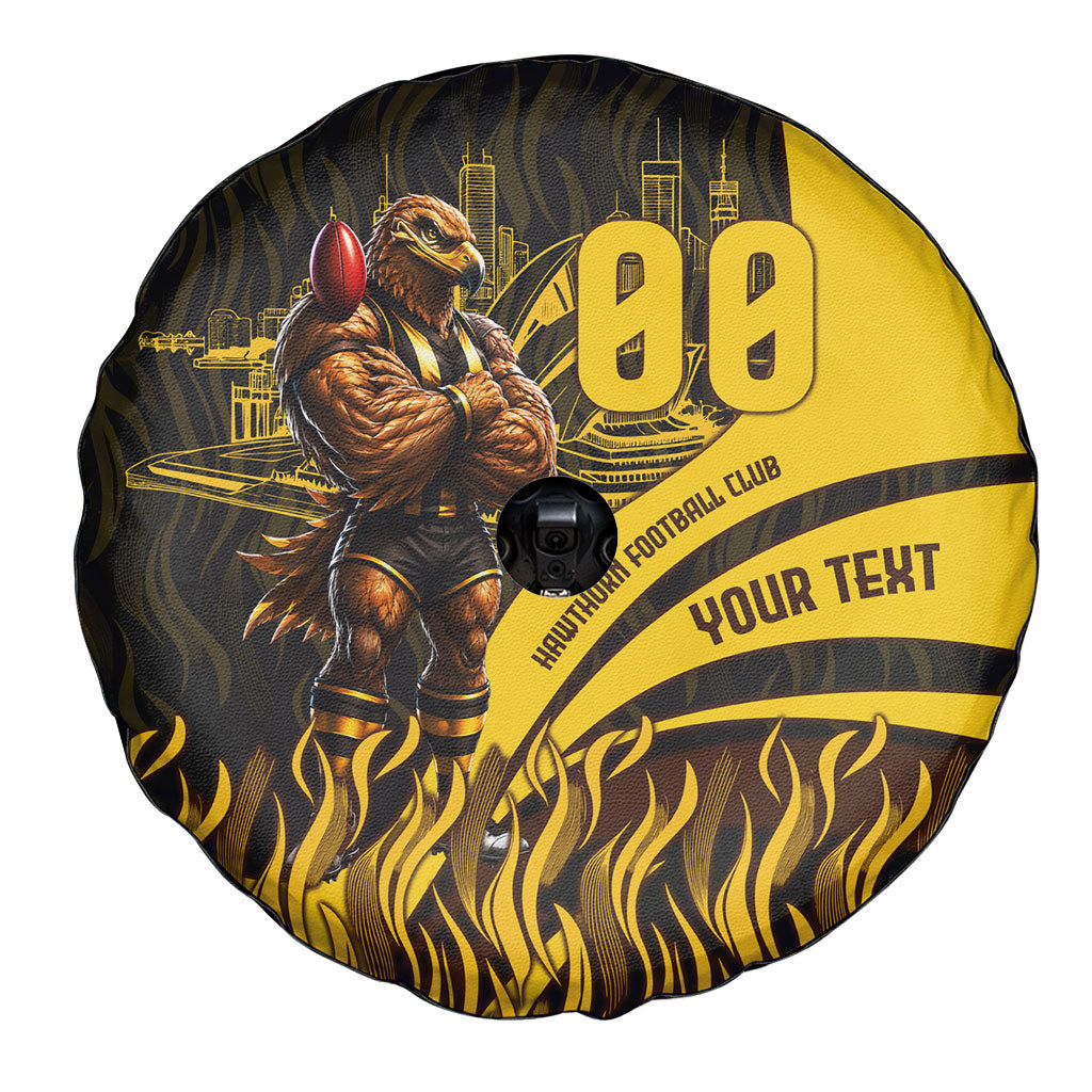 Personalised Hawthorn Hawks Football Spare Tire Cover Australian City Skyline Graphic Fierce Mascot Art