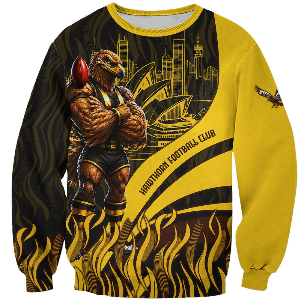 Personalised Hawthorn Hawks Football Sweatshirt Australian City Skyline Graphic Fierce Mascot Art