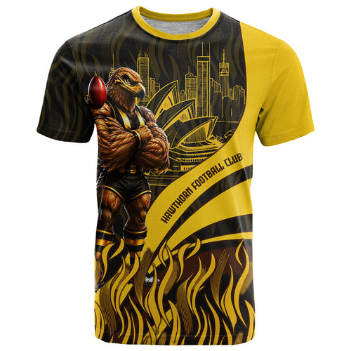 Personalised Hawthorn Hawks Football T Shirt Australian City Skyline Graphic Fierce Mascot Art
