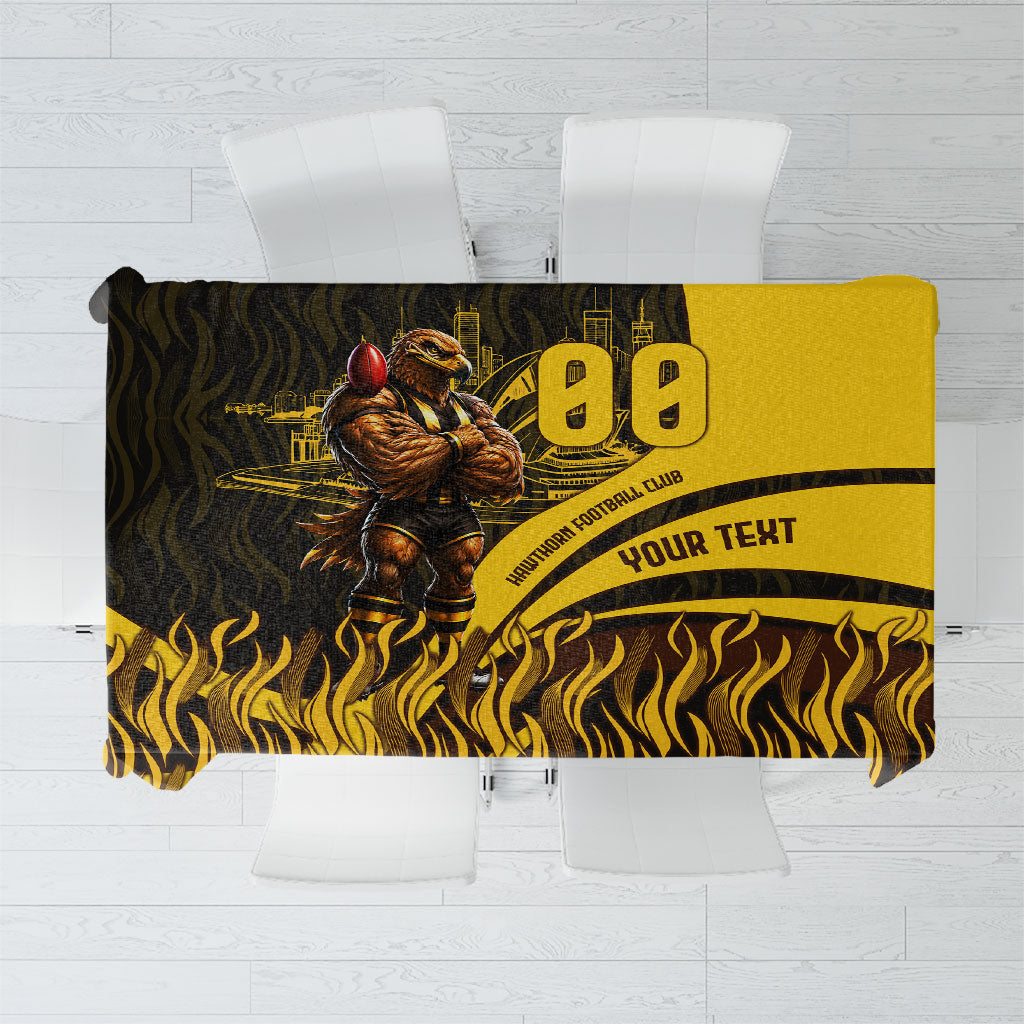 Personalised Hawthorn Hawks Football Tablecloth Australian City Skyline Graphic Fierce Mascot Art
