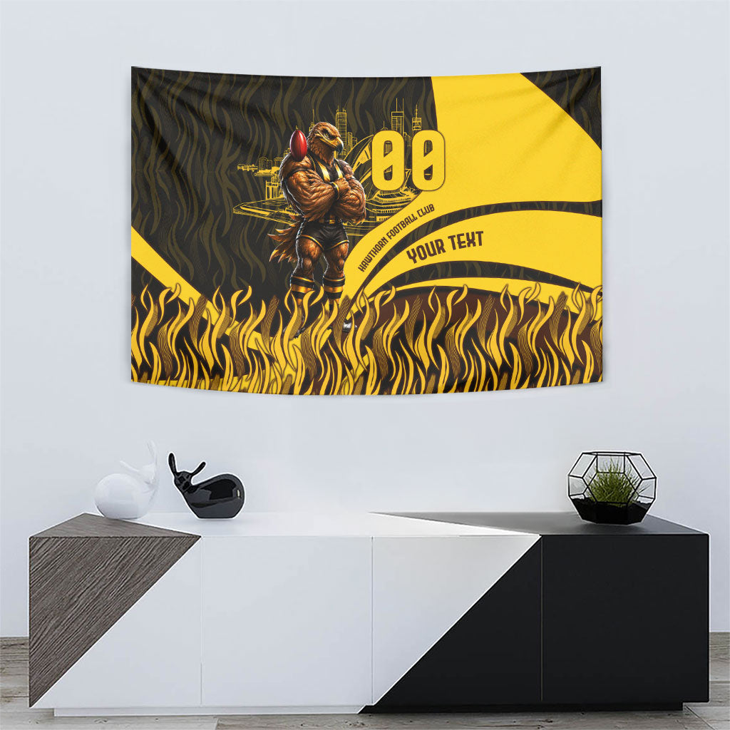 Personalised Hawthorn Hawks Football Tapestry Australian City Skyline Graphic Fierce Mascot Art