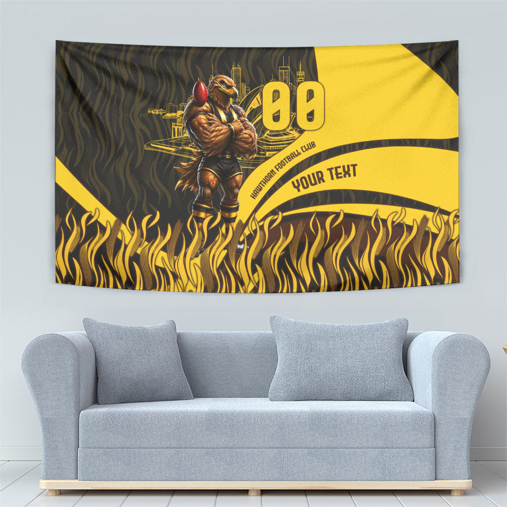Personalised Hawthorn Hawks Football Tapestry Australian City Skyline Graphic Fierce Mascot Art