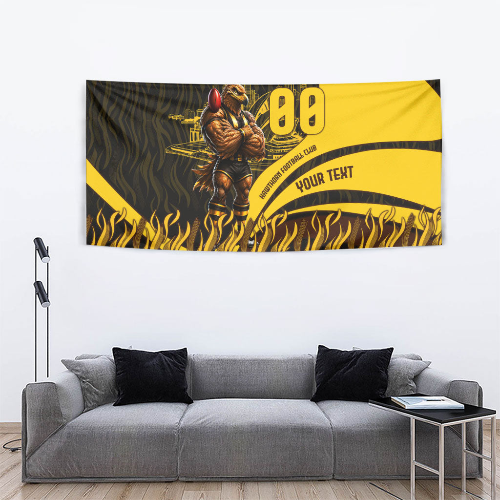 Personalised Hawthorn Hawks Football Tapestry Australian City Skyline Graphic Fierce Mascot Art