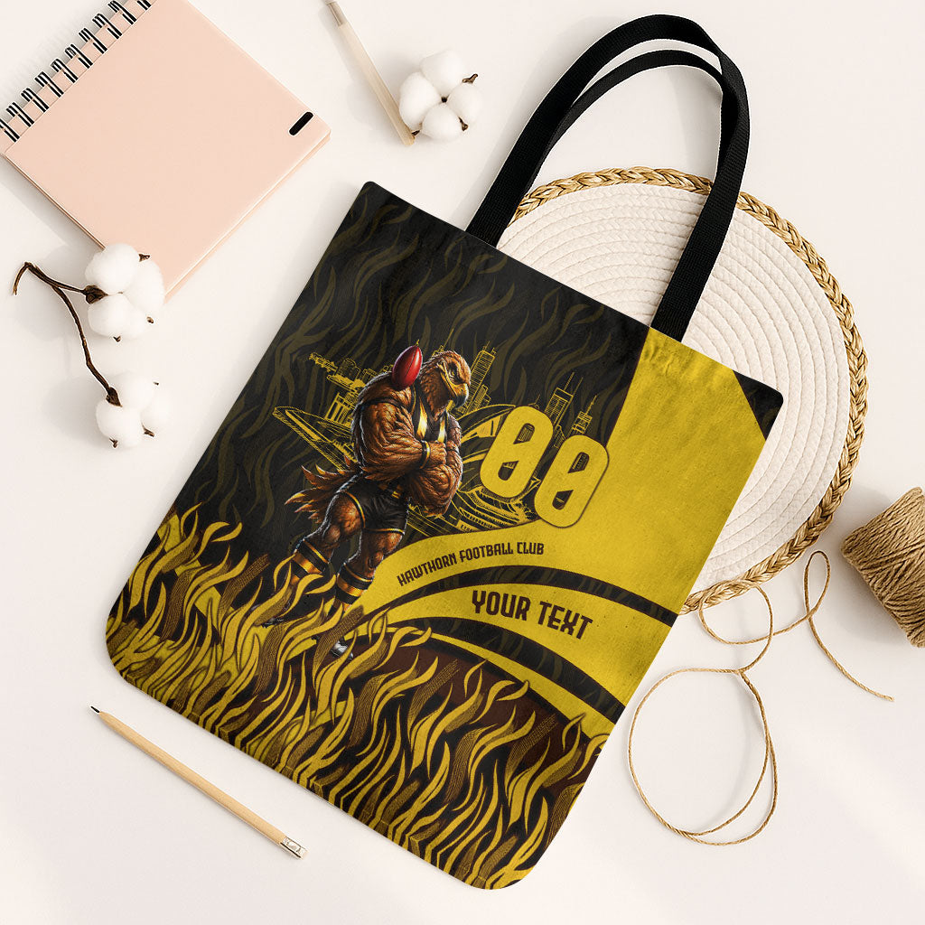Personalised Hawthorn Hawks Football Tote Bag Australian City Skyline Graphic Fierce Mascot Art