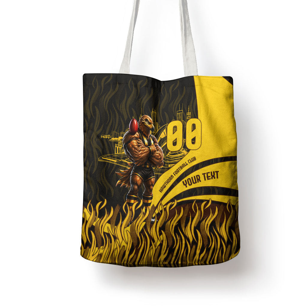 Personalised Hawthorn Hawks Football Tote Bag Australian City Skyline Graphic Fierce Mascot Art