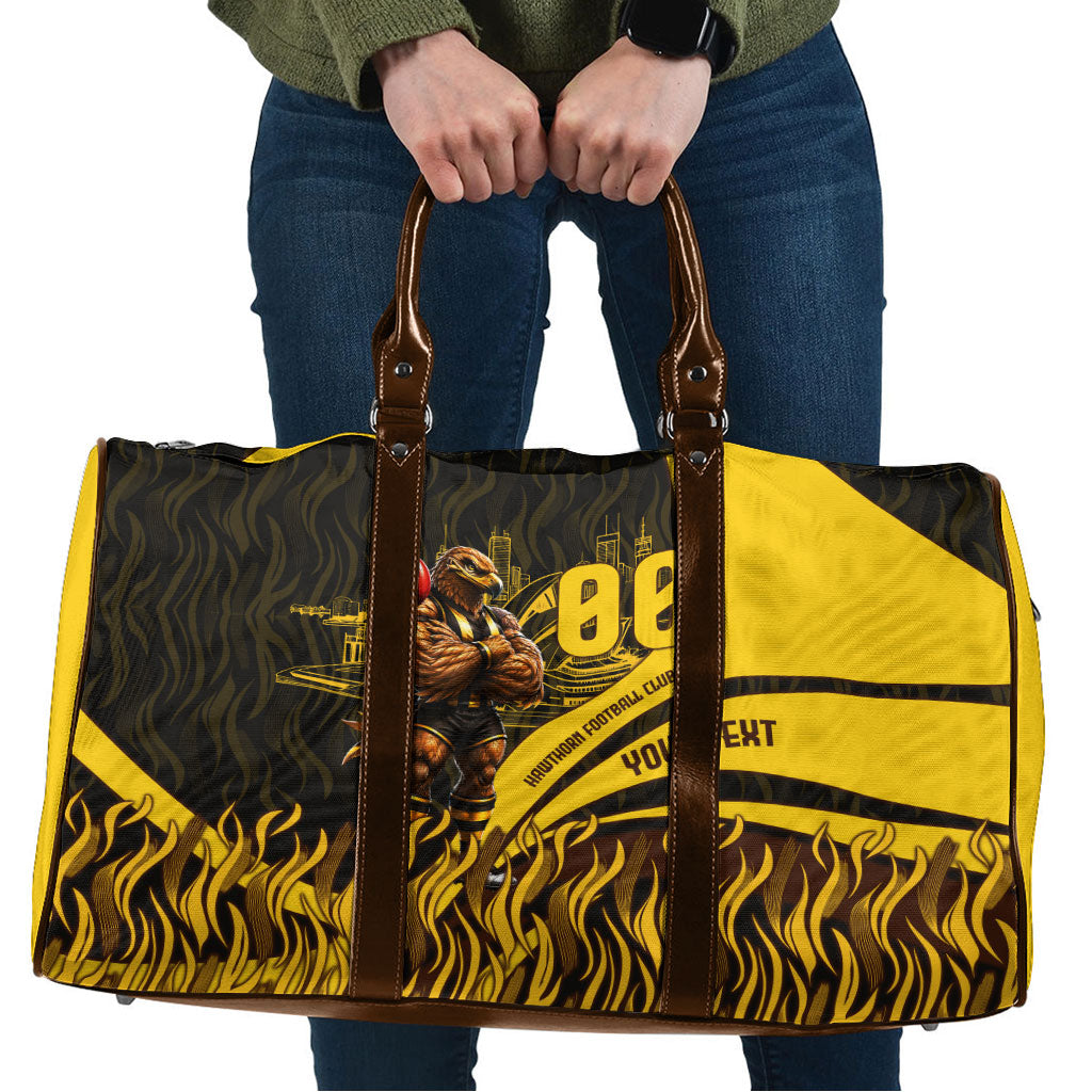 Personalised Hawthorn Hawks Football Travel Bag Australian City Skyline Graphic Fierce Mascot Art
