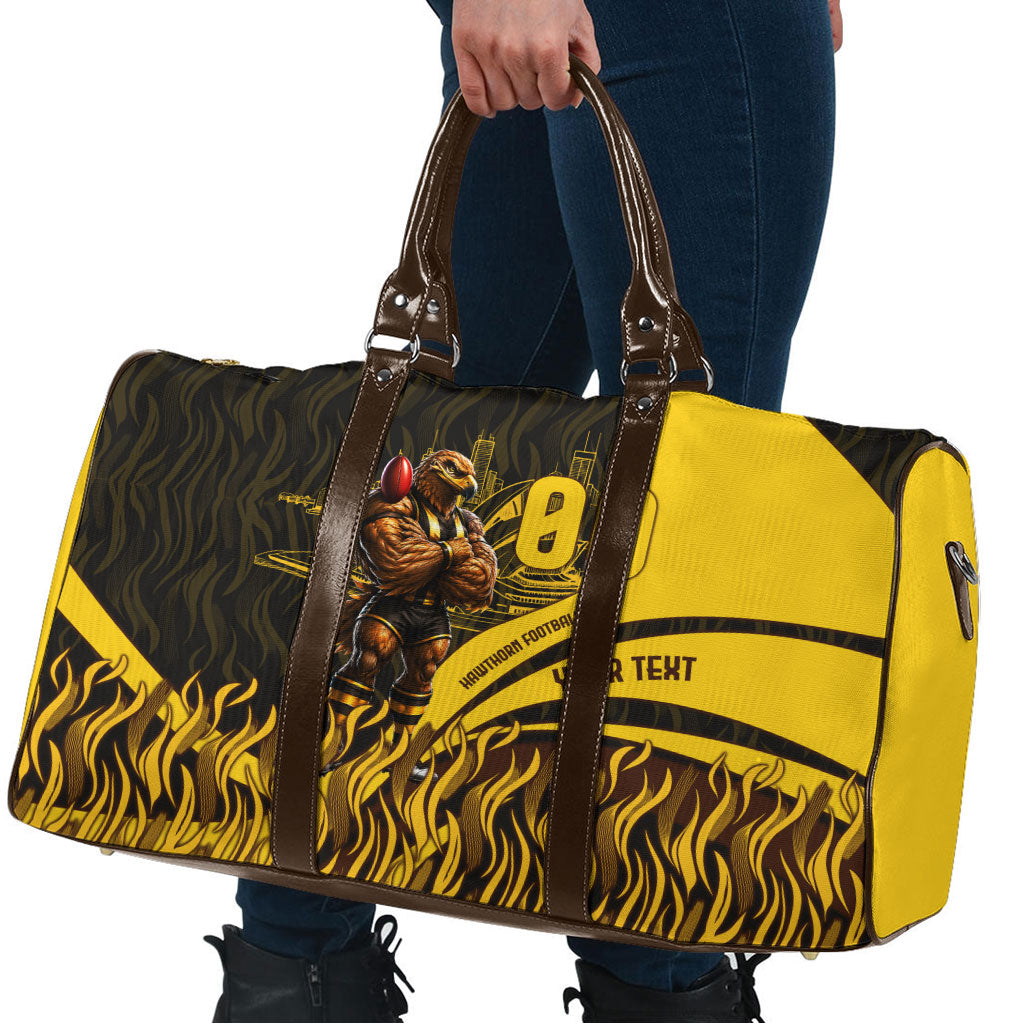 Personalised Hawthorn Hawks Football Travel Bag Australian City Skyline Graphic Fierce Mascot Art
