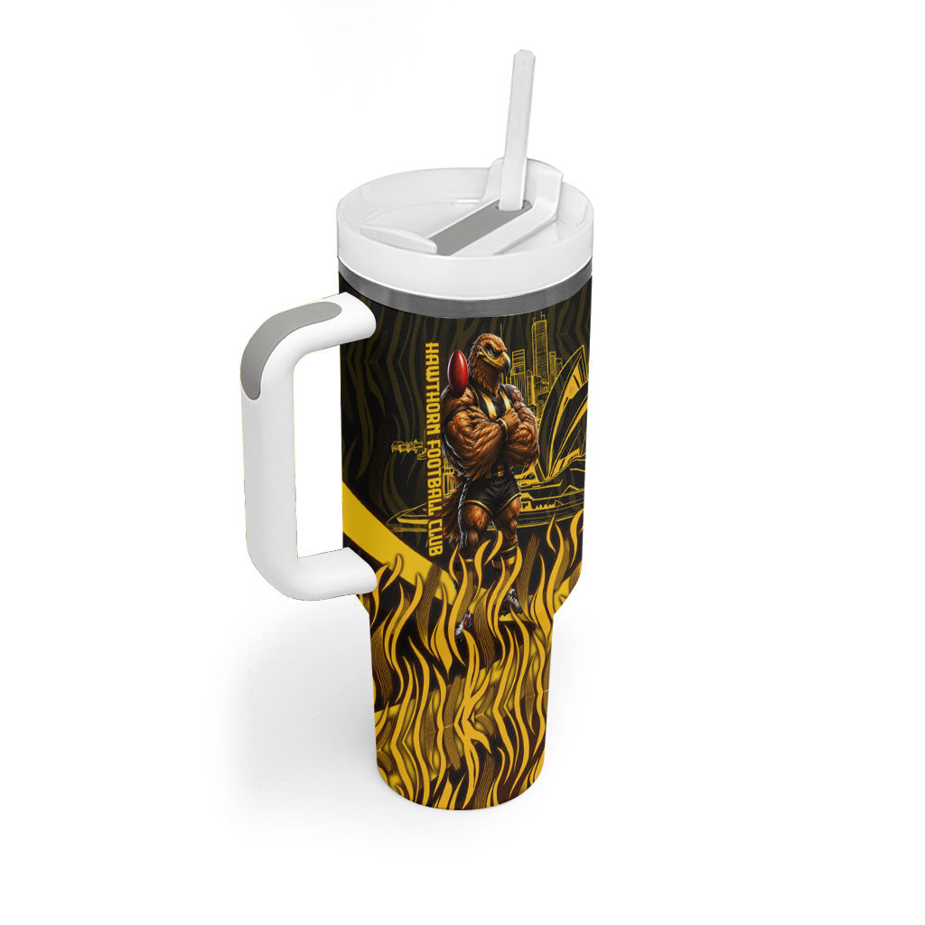 Personalised Hawthorn Hawks Football Tumbler With Handle Australian City Skyline Graphic Fierce Mascot Art