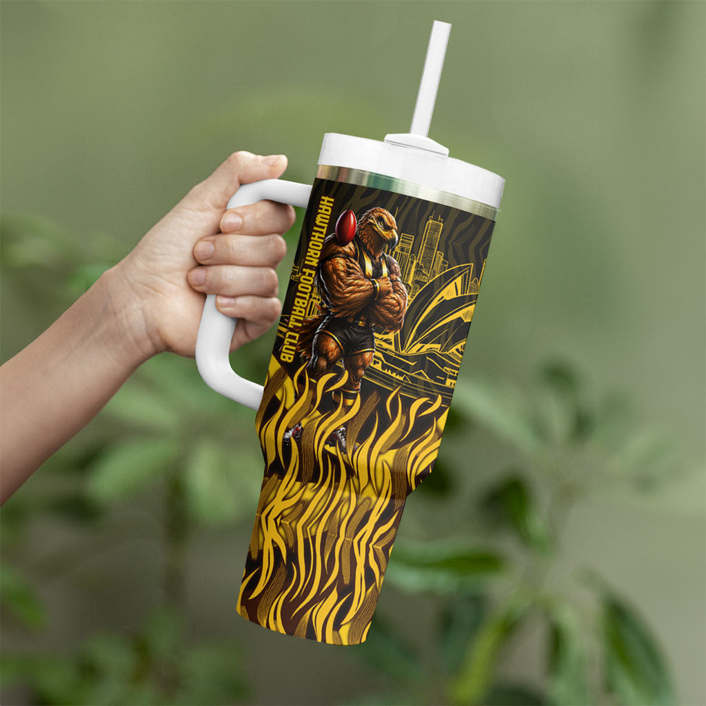 Personalised Hawthorn Hawks Football Tumbler With Handle Australian City Skyline Graphic Fierce Mascot Art
