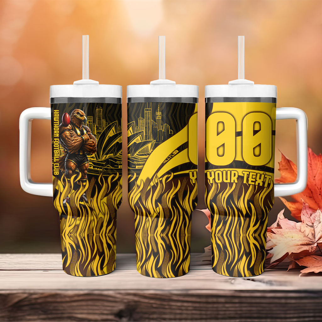 Personalised Hawthorn Hawks Football Tumbler With Handle Australian City Skyline Graphic Fierce Mascot Art