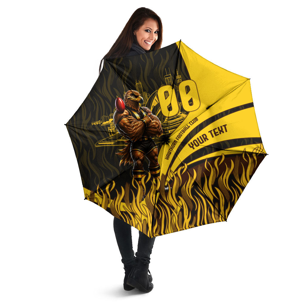 Personalised Hawthorn Hawks Football Umbrella Australian City Skyline Graphic Fierce Mascot Art