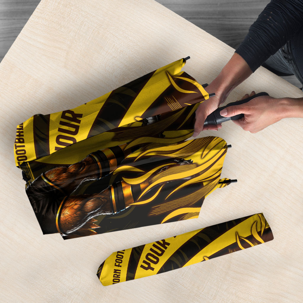 Personalised Hawthorn Hawks Football Umbrella Australian City Skyline Graphic Fierce Mascot Art
