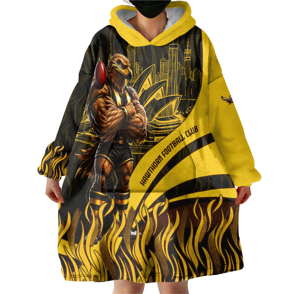 Personalised Hawthorn Hawks Football Wearable Blanket Hoodie Australian City Skyline Graphic Fierce Mascot Art