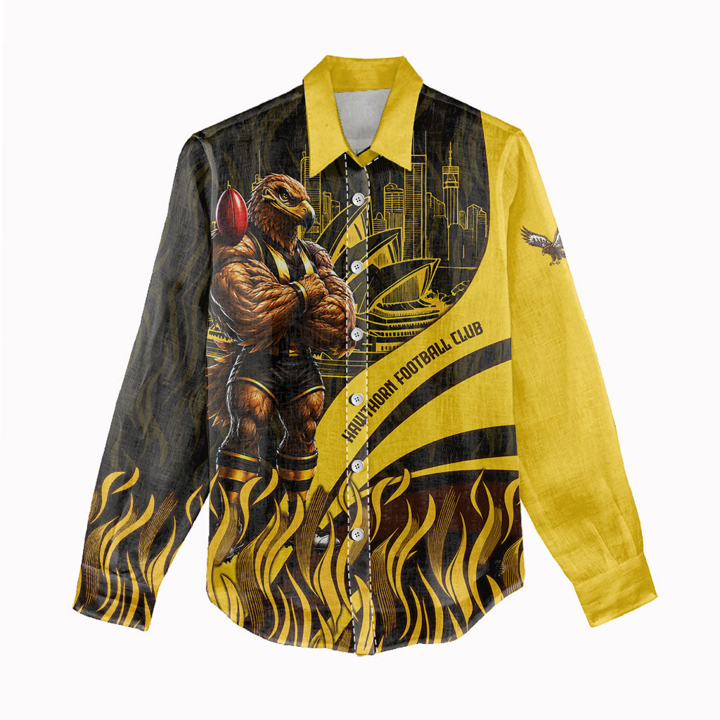 Personalised Hawthorn Hawks Football Women Casual Shirt Australian City Skyline Graphic Fierce Mascot Art