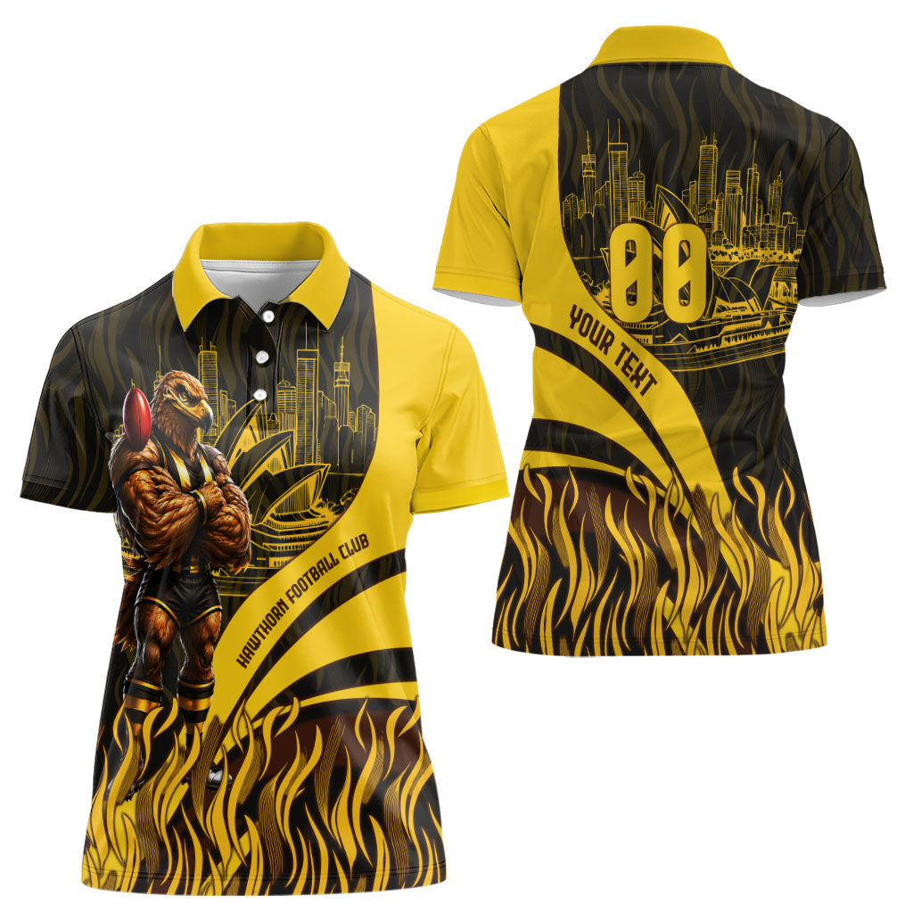 Personalised Hawthorn Hawks Football Women Polo Shirt Australian City Skyline Graphic Fierce Mascot Art