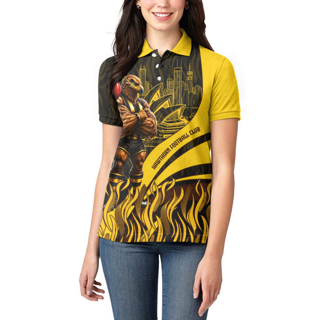 Personalised Hawthorn Hawks Football Women Polo Shirt Australian City Skyline Graphic Fierce Mascot Art