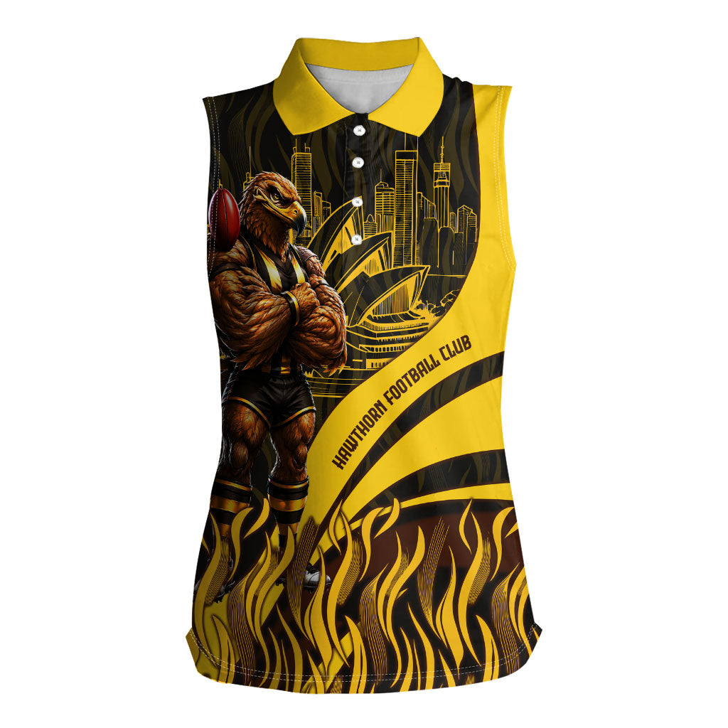 Personalised Hawthorn Hawks Football Women Sleeveless Polo Shirt Australian City Skyline Graphic Fierce Mascot Art