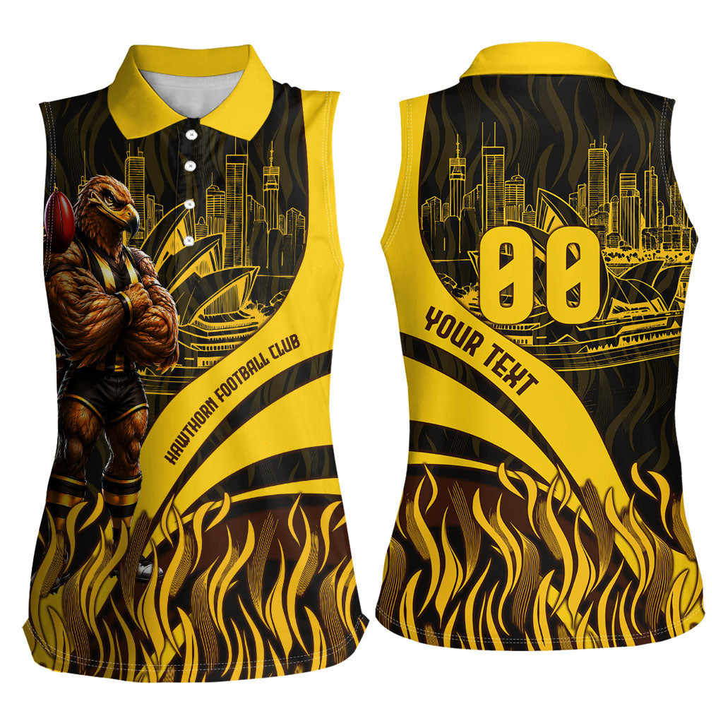 Personalised Hawthorn Hawks Football Women Sleeveless Polo Shirt Australian City Skyline Graphic Fierce Mascot Art
