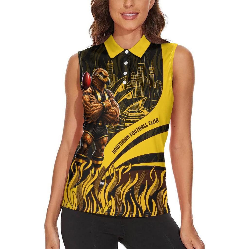 Personalised Hawthorn Hawks Football Women Sleeveless Polo Shirt Australian City Skyline Graphic Fierce Mascot Art