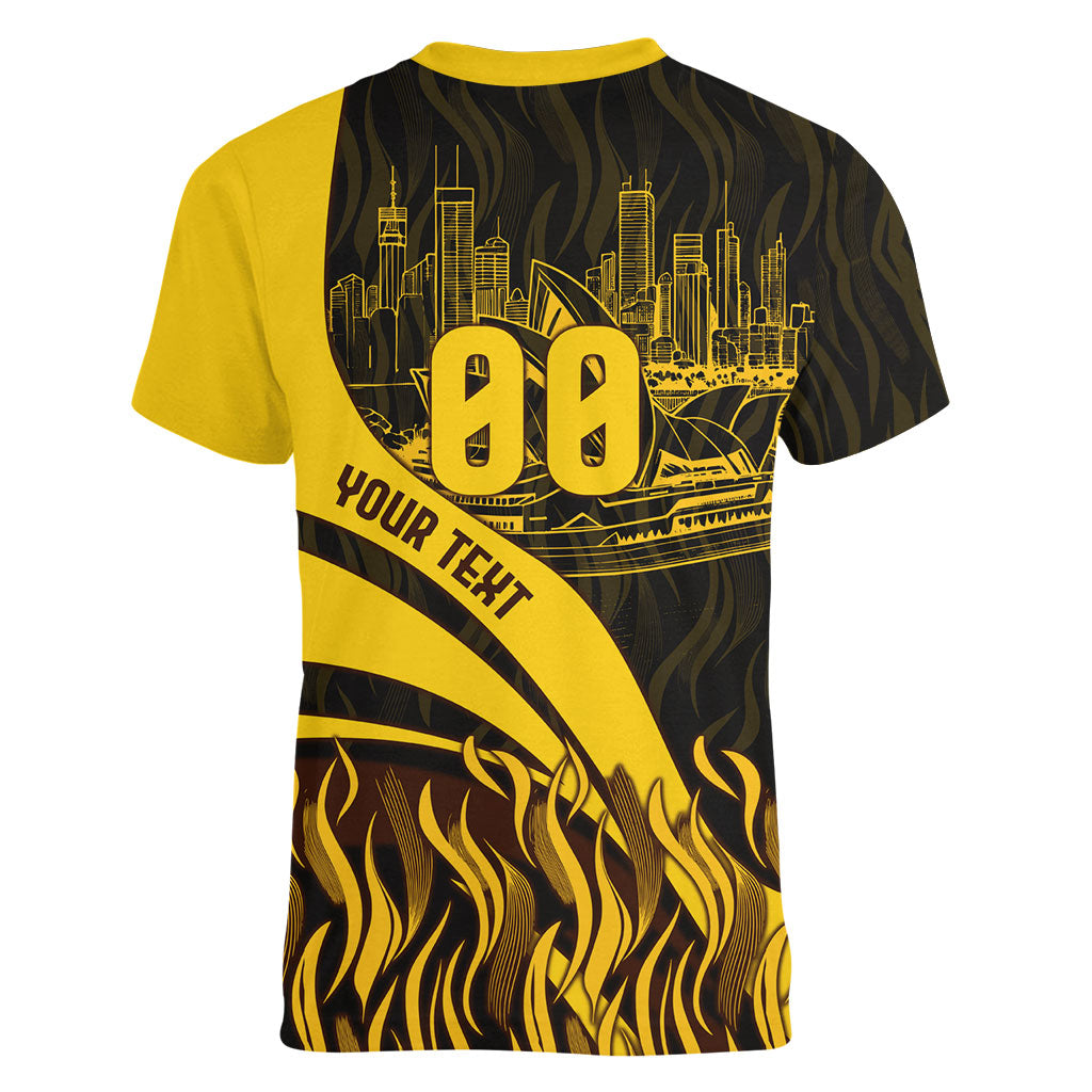 Personalised Hawthorn Hawks Football Women V-Neck T-Shirt Australian City Skyline Graphic Fierce Mascot Art