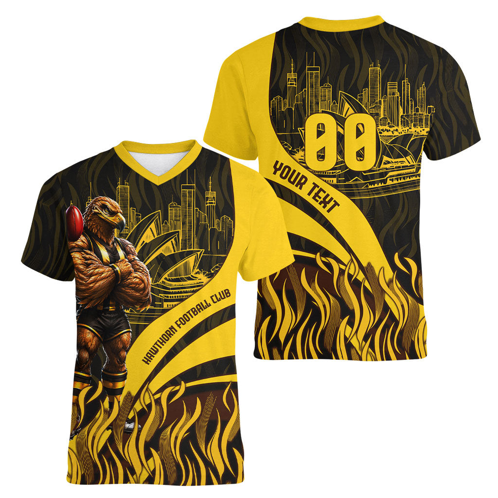 Personalised Hawthorn Hawks Football Women V-Neck T-Shirt Australian City Skyline Graphic Fierce Mascot Art