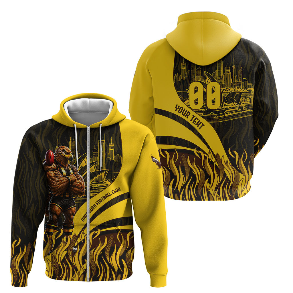 Personalised Hawthorn Hawks Football Zip Hoodie Australian City Skyline Graphic Fierce Mascot Art