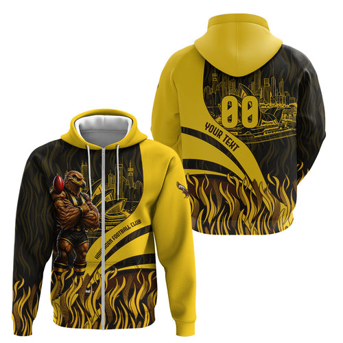 Personalised Hawthorn Hawks Football Zip Hoodie Australian City Skyline Graphic Fierce Mascot Art
