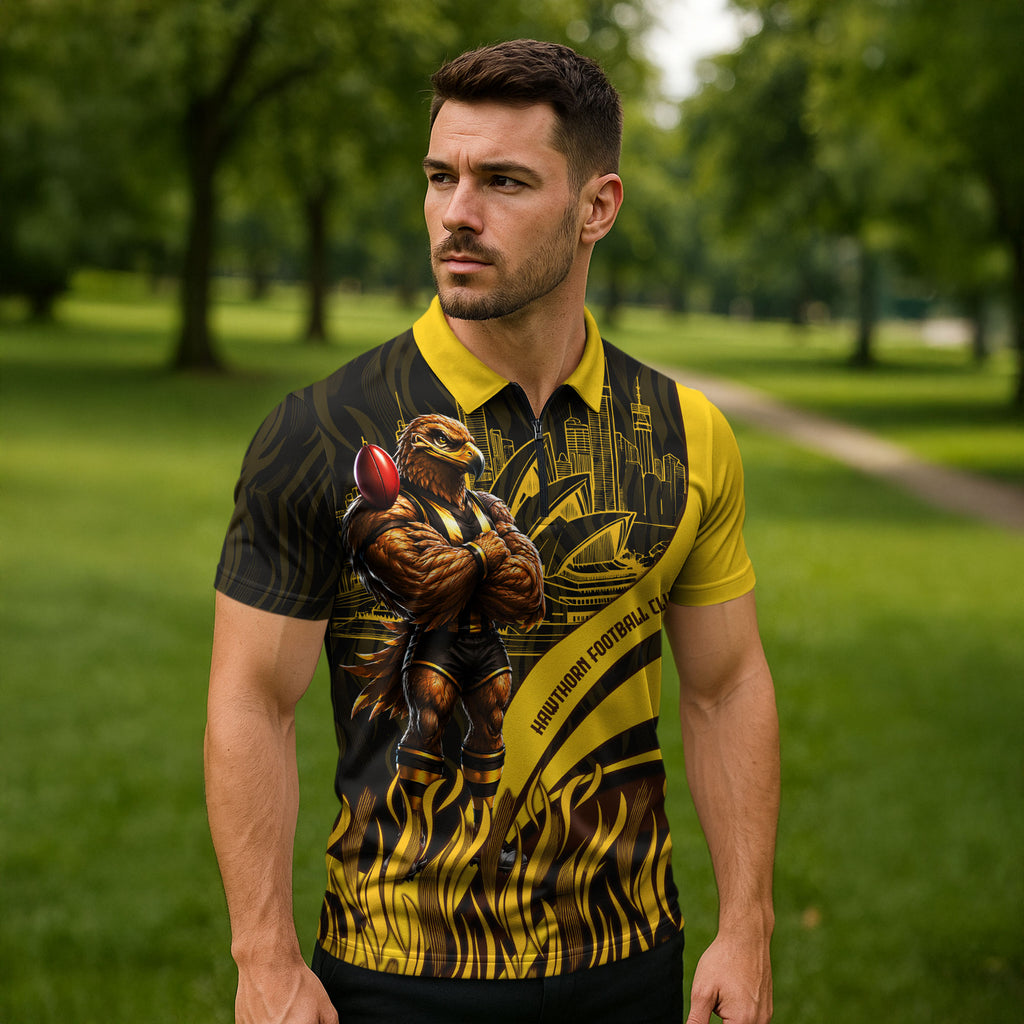 Personalised Hawthorn Hawks Football Zipper Polo Shirt Australian City Skyline Graphic Fierce Mascot Art