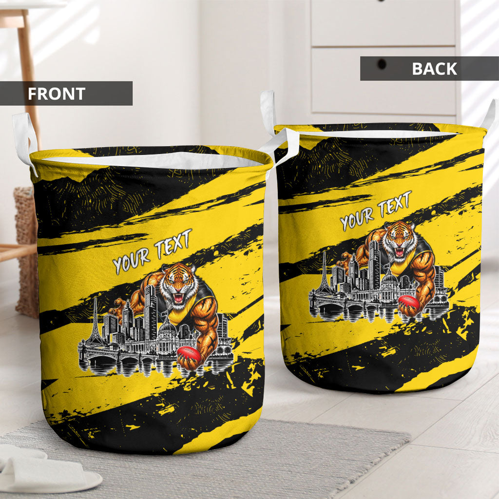 Personalised Richmond Tigers Football Laundry Basket Melbourne City Skyline Graphic Fierce Mascot Art