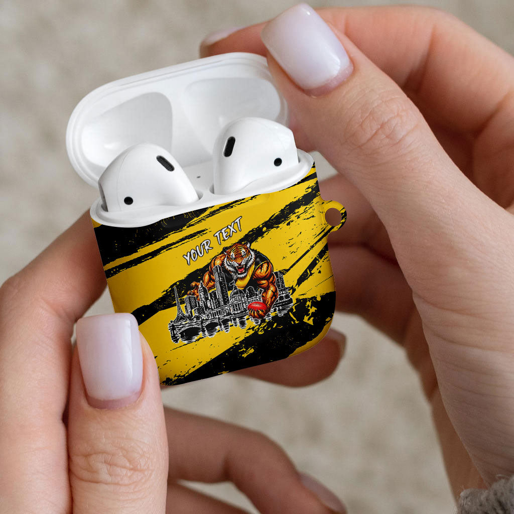 Personalised Richmond Tigers Football AirPods Case Melbourne City Skyline Graphic Fierce Mascot Art