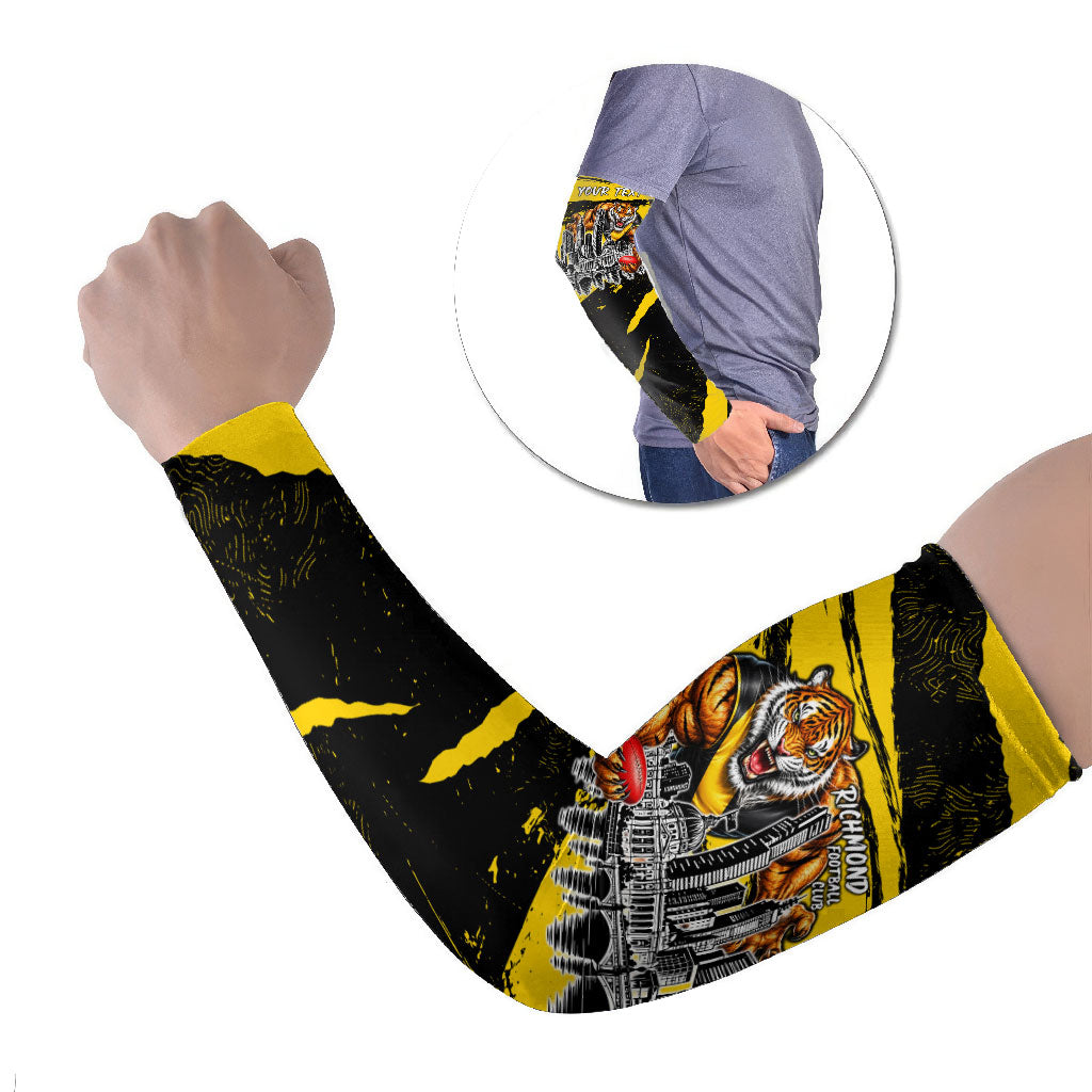Personalised Richmond Tigers Football Arm Sleeves Melbourne City Skyline Graphic Fierce Mascot Art