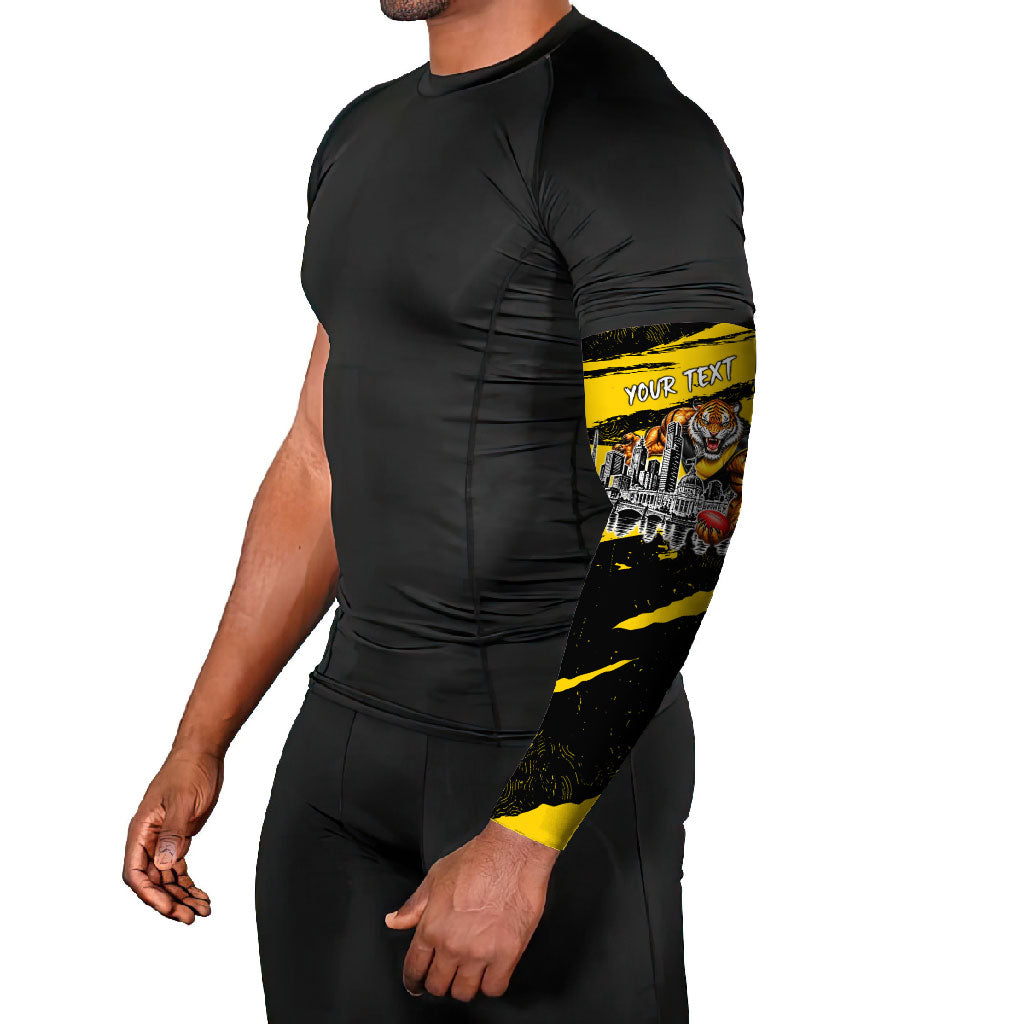 Personalised Richmond Tigers Football Arm Sleeves Melbourne City Skyline Graphic Fierce Mascot Art