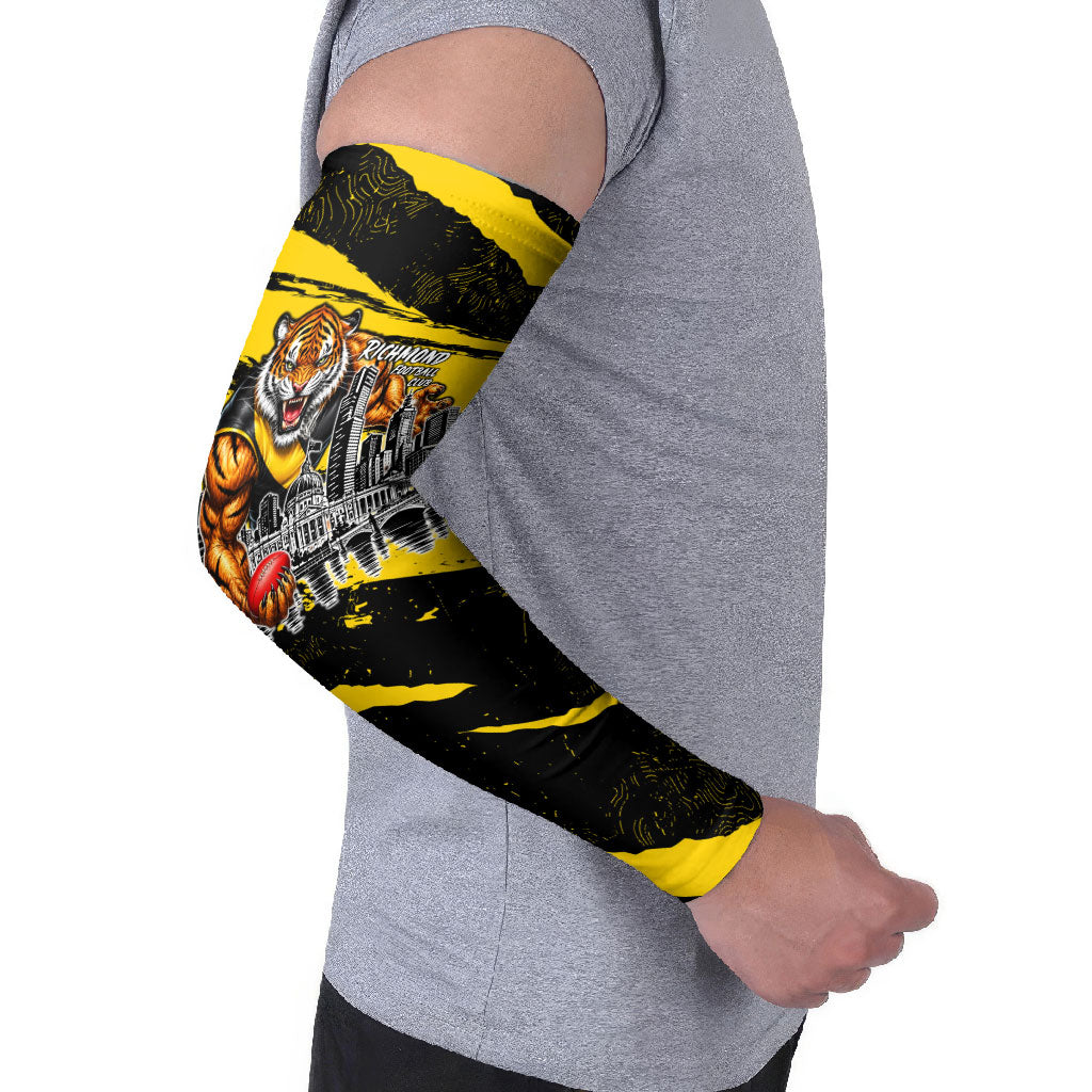 Personalised Richmond Tigers Football Arm Sleeves Melbourne City Skyline Graphic Fierce Mascot Art