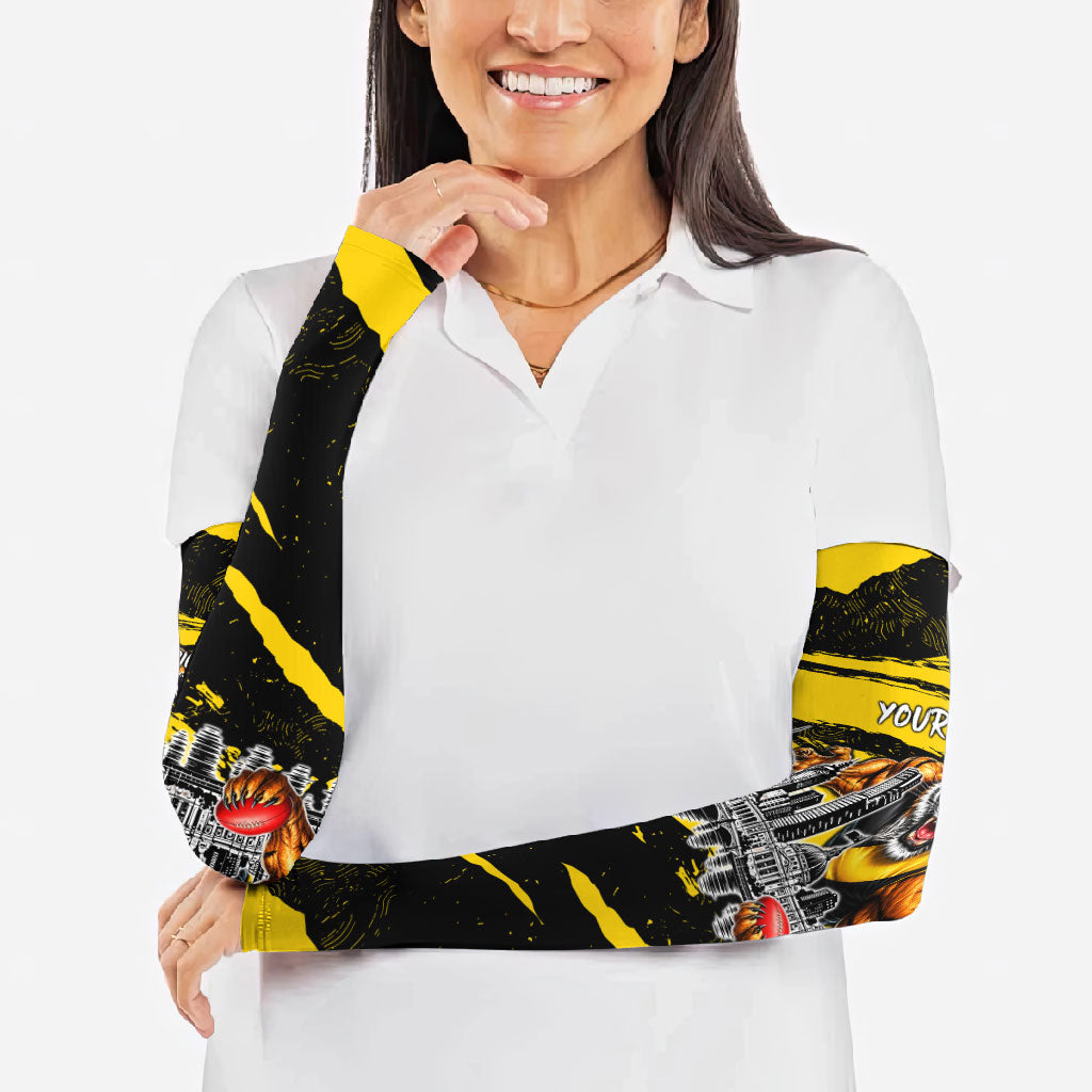 Personalised Richmond Tigers Football Arm Sleeves Melbourne City Skyline Graphic Fierce Mascot Art