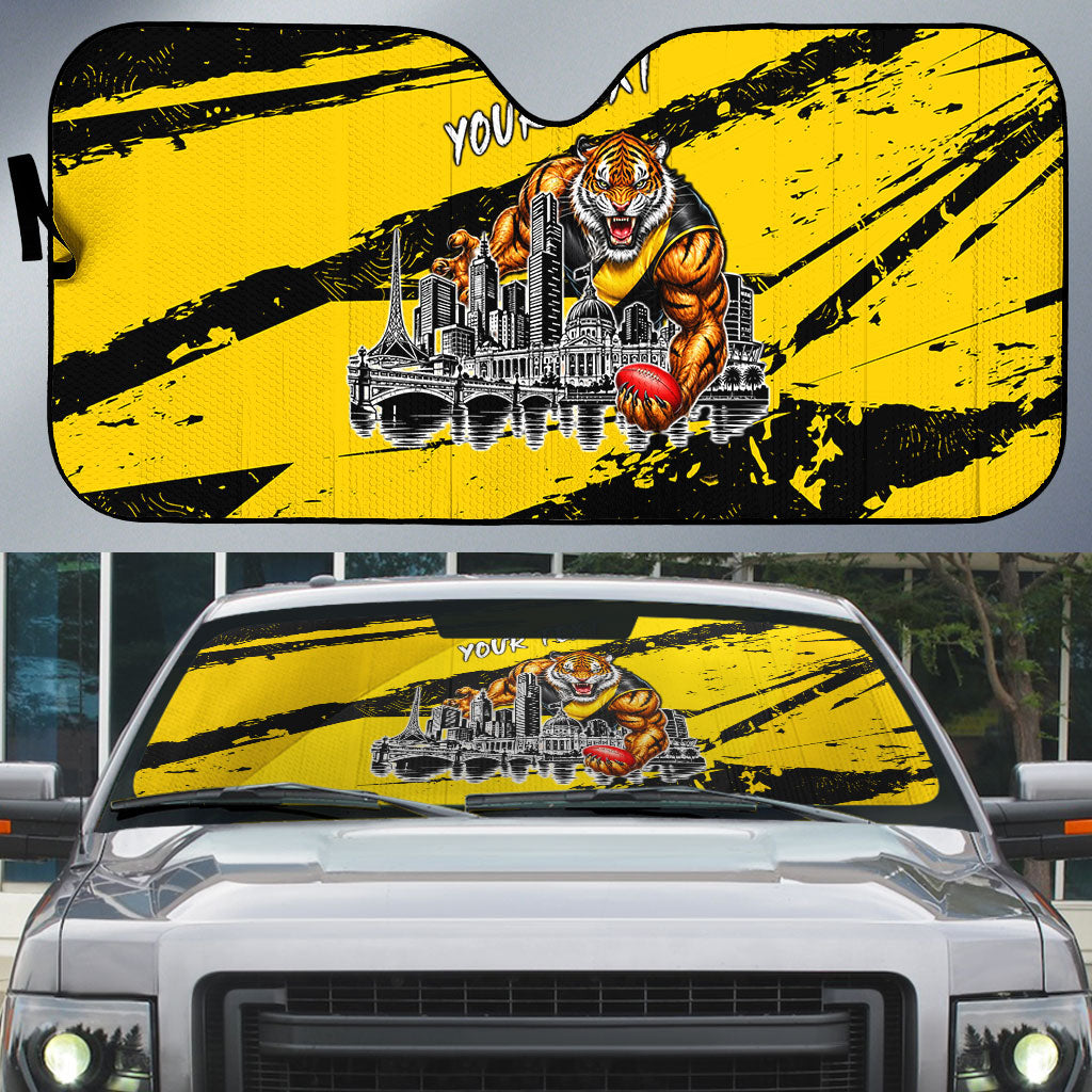 Personalised Richmond Tigers Football Auto Sun Shade Melbourne City Skyline Graphic Fierce Mascot Art