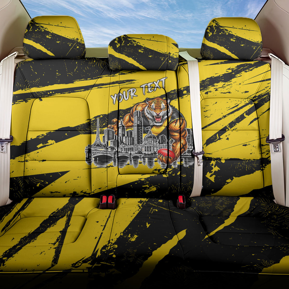 Personalised Richmond Tigers Football Back Car Seat Cover Melbourne City Skyline Graphic Fierce Mascot Art