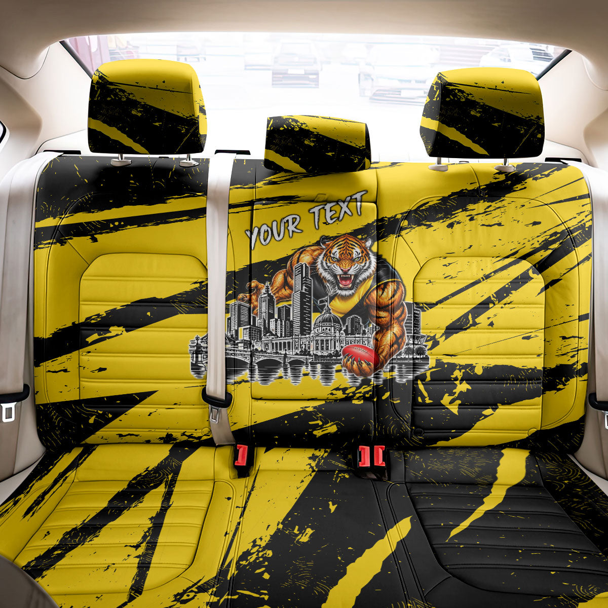 Personalised Richmond Tigers Football Back Car Seat Cover Melbourne City Skyline Graphic Fierce Mascot Art