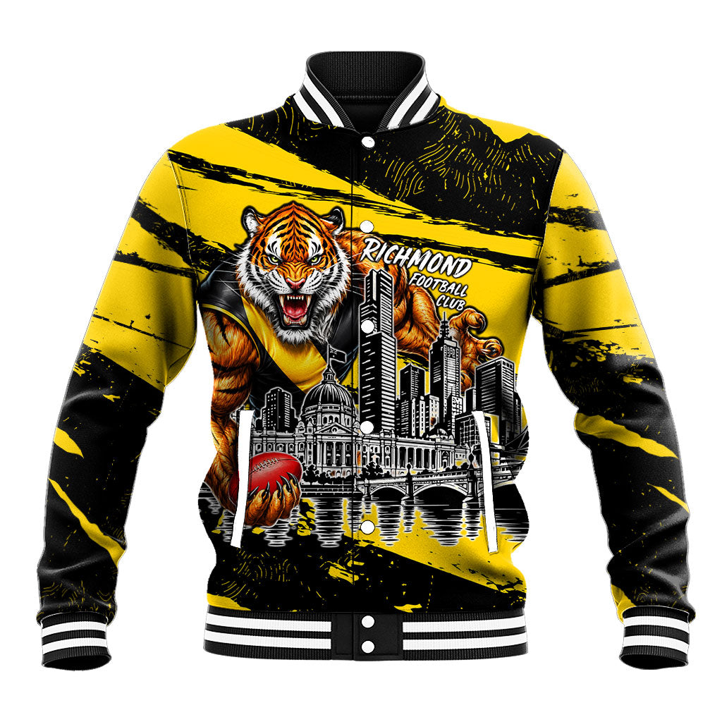 Personalised Richmond Tigers Football Baseball Jacket Melbourne City Skyline Graphic Fierce Mascot Art