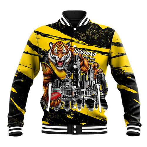 Personalised Richmond Tigers Football Baseball Jacket Melbourne City Skyline Graphic Fierce Mascot Art