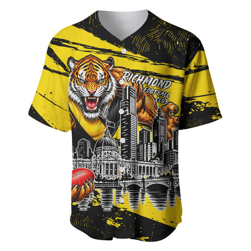 Personalised Richmond Tigers Football Baseball Jersey Melbourne City Skyline Graphic Fierce Mascot Art