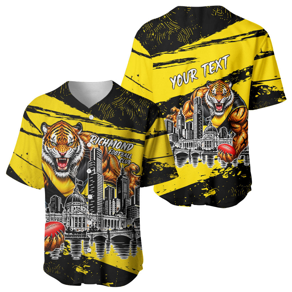 Personalised Richmond Tigers Football Baseball Jersey Melbourne City Skyline Graphic Fierce Mascot Art