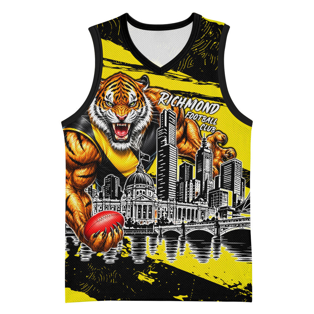 Personalised Richmond Tigers Football Basketball Jersey Melbourne City Skyline Graphic Fierce Mascot Art