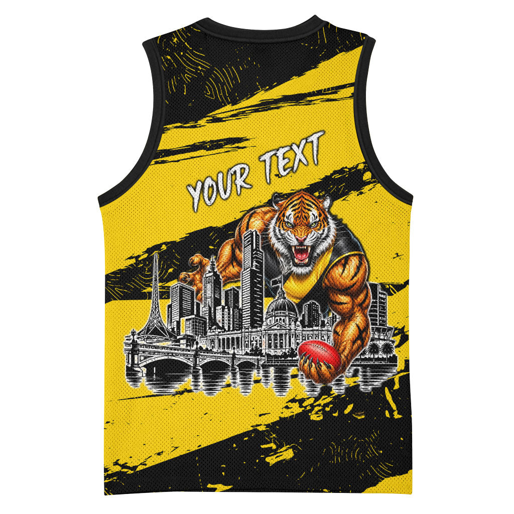 Personalised Richmond Tigers Football Basketball Jersey Melbourne City Skyline Graphic Fierce Mascot Art