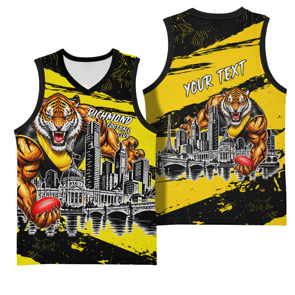 Personalised Richmond Tigers Football Basketball Jersey Melbourne City Skyline Graphic Fierce Mascot Art