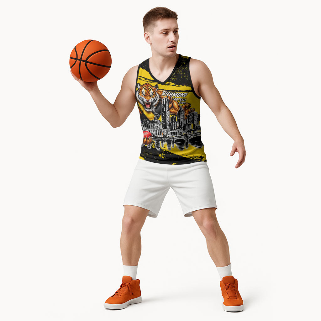 Personalised Richmond Tigers Football Basketball Jersey Melbourne City Skyline Graphic Fierce Mascot Art