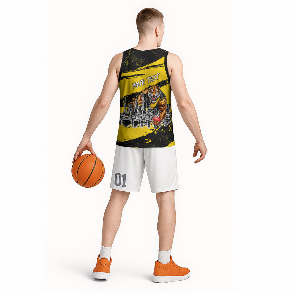 Personalised Richmond Tigers Football Basketball Jersey Melbourne City Skyline Graphic Fierce Mascot Art