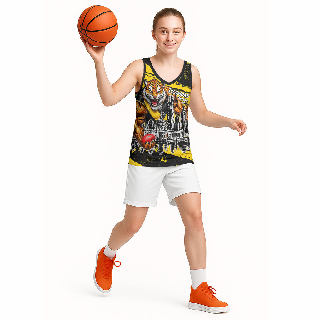 Personalised Richmond Tigers Football Basketball Jersey Melbourne City Skyline Graphic Fierce Mascot Art