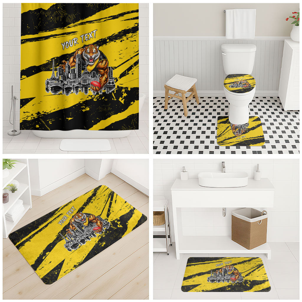 Personalised Richmond Tigers Football Bathroom Set Melbourne City Skyline Graphic Fierce Mascot Art