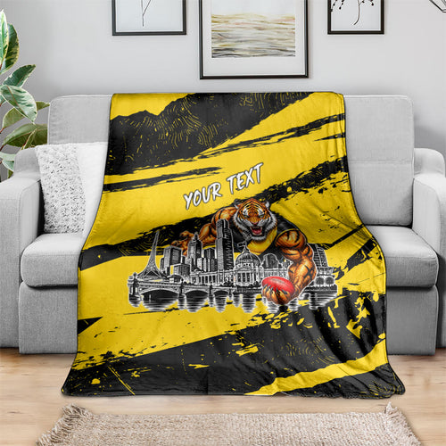 Personalised Richmond Tigers Football Blanket Melbourne City Skyline Graphic Fierce Mascot Art