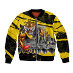 Personalised Richmond Tigers Football Bomber Jacket Melbourne City Skyline Graphic Fierce Mascot Art